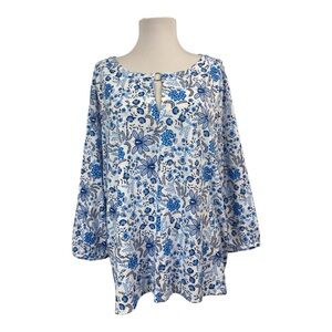 Steph Parker NEW Women's XL Pullover Blouse Floral White Blue 3/4 Sleeves